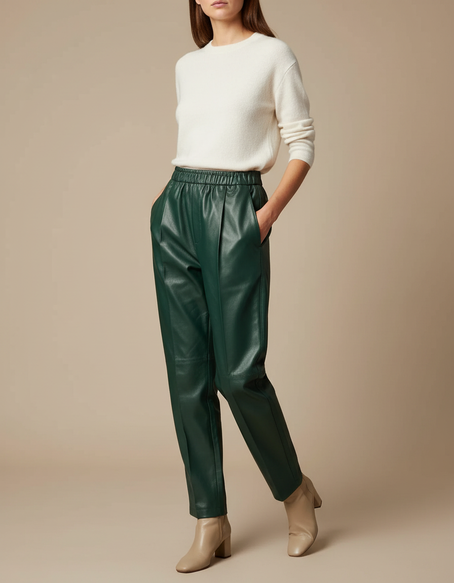 Pantalon À Pince Vert Émeraude Similicuir Taille Élastique - Simili cuir