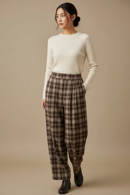 Pantalon À Pince Carreaux Marron Ample Plissé Hiver - Laine