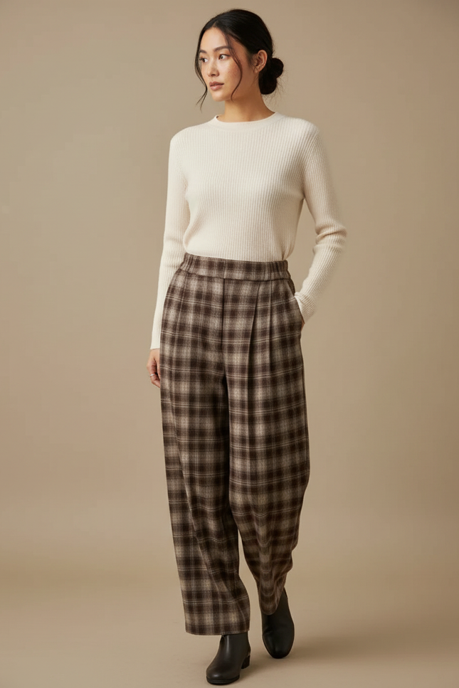 Pantalon À Pince Carreaux Marron Ample Plissé Hiver - Laine