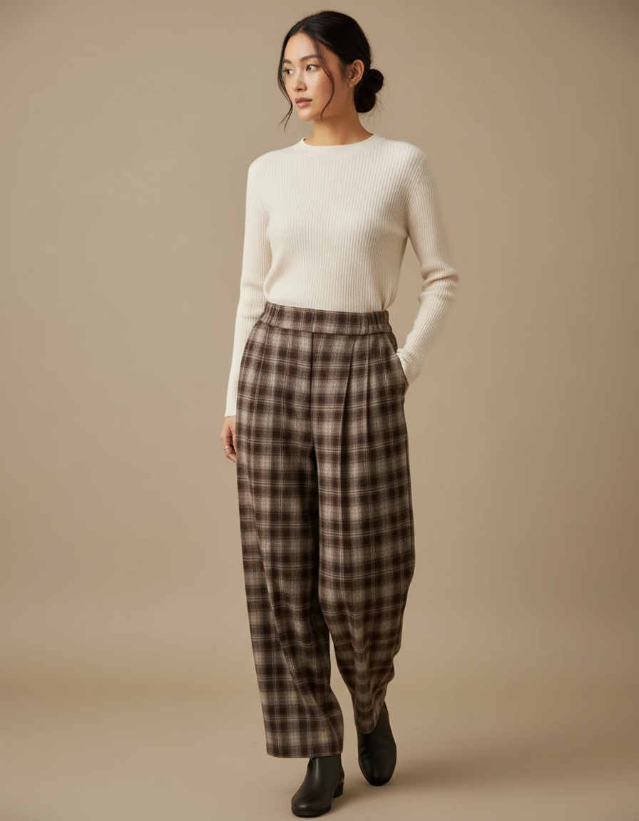 Pantalon À Pince Carreaux Marron Ample Plissé Hiver - Laine