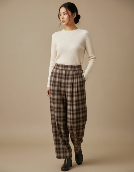 Pantalon À Pince Carreaux Marron Ample Plissé Hiver - Laine