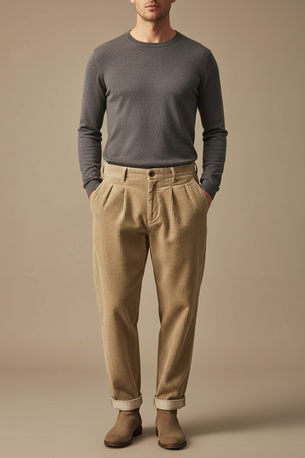 Pantalon À Pince Beige Côtelé Plissé Décontracté Homme - Cordé