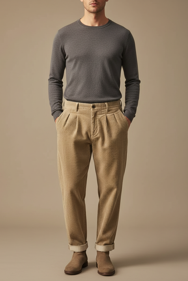 Pantalon À Pince Beige Côtelé Plissé Décontracté Homme - Cordé