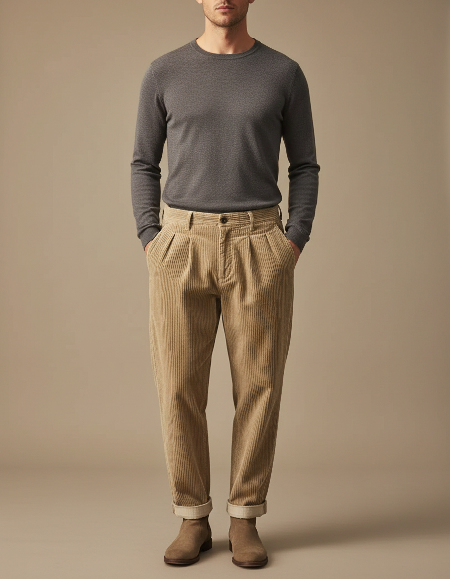 Pantalon À Pince Beige Côtelé Plissé Décontracté Homme - Cordé