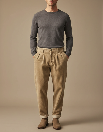 Pantalon À Pince Beige Côtelé Plissé Décontracté Homme - Cordé