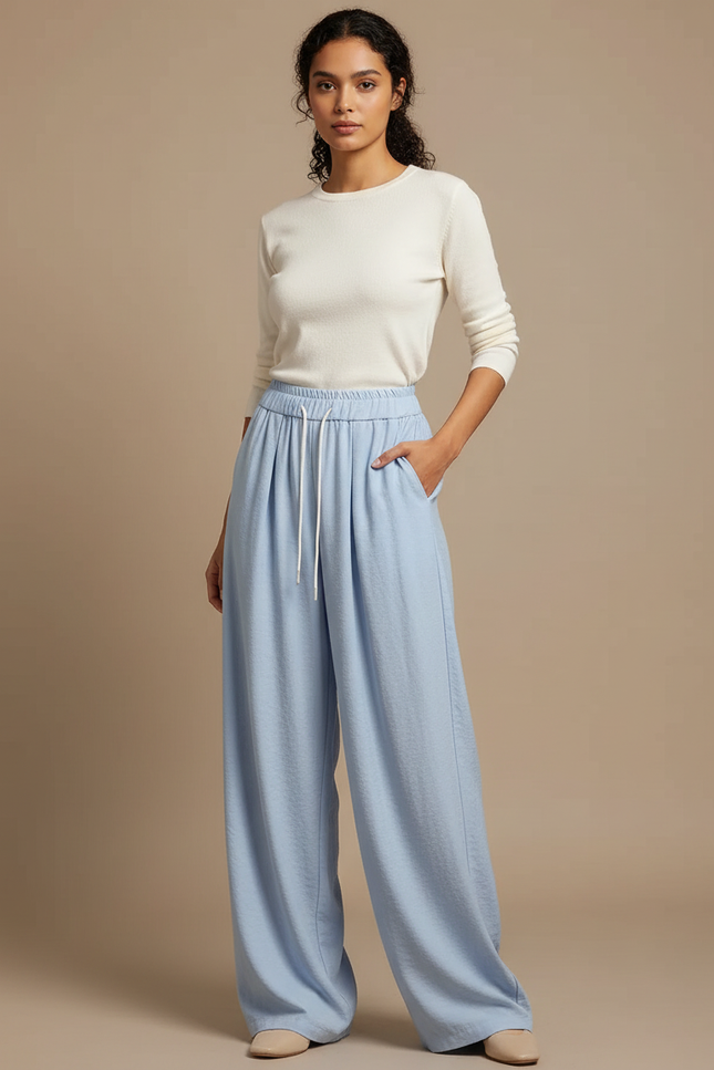 Pantalon À Pince Bleu Clair Fluide Ample Décontracté Femme - Viscose