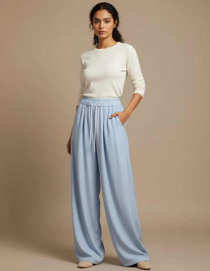 Pantalon À Pince Bleu Clair Fluide Ample Décontracté Femme - Viscose