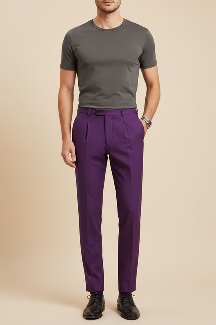 Pantalon À Pince Violet Plissé Élégant Homme - Gabardine