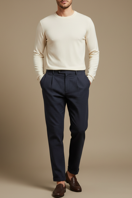 Pantalon À Pince Bleu Marine Laine Plissé Élégant Homme