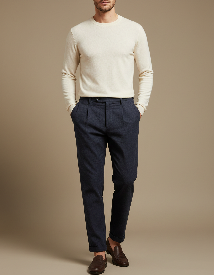 Pantalon À Pince Bleu Marine Laine Plissé Élégant Homme