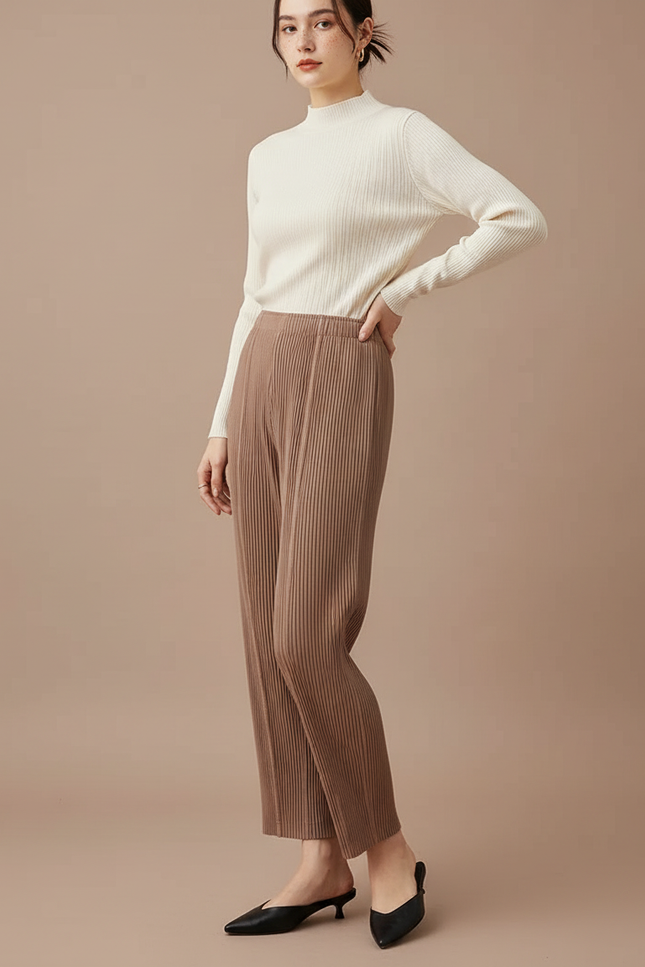 Pantalon À Pince Plissé Marron Fluide Décontracté Femme - Polyester