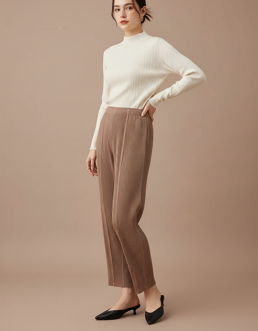 Pantalon À Pince Plissé Marron Fluide Décontracté Femme - Polyester