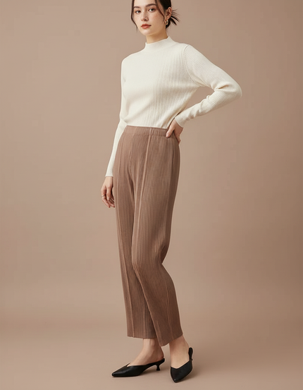 Pantalon À Pince Plissé Marron Fluide Décontracté Femme - Polyester