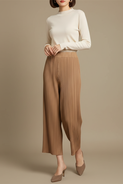 Pantalon À Pince Plissé Marron Ample Fluide Élégant - Polyester