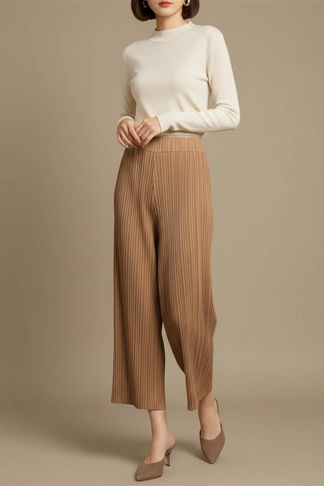 Pantalon À Pince Plissé Marron Ample Fluide Élégant - Polyester