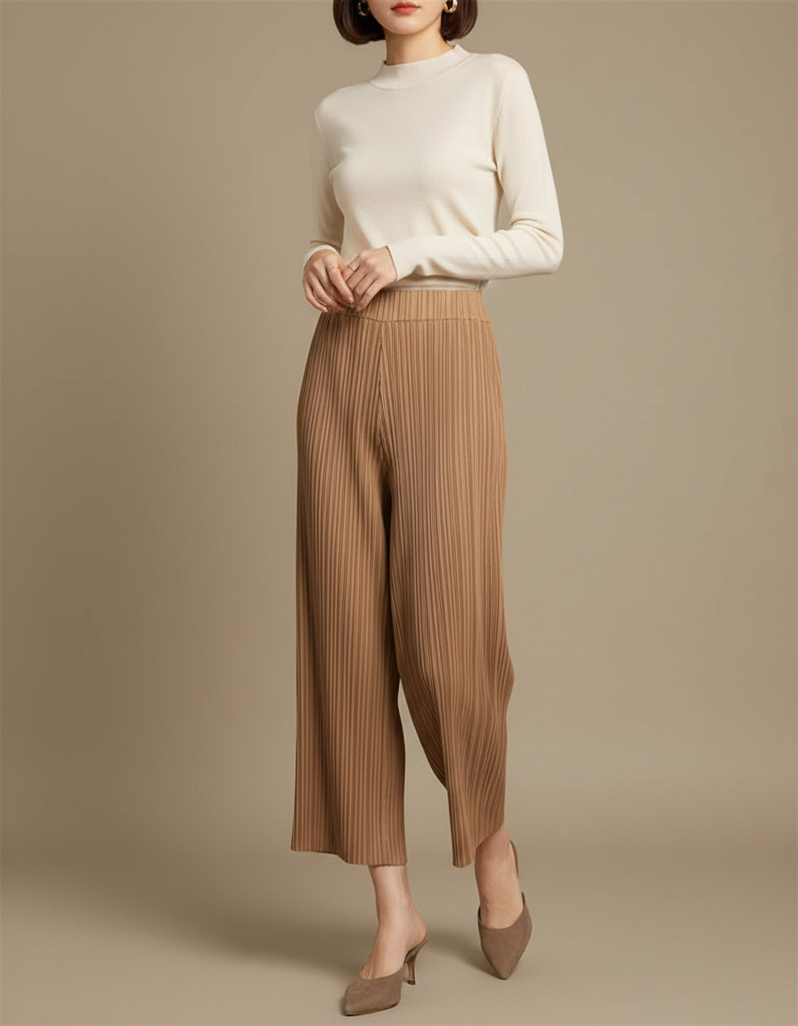 Pantalon À Pince Plissé Marron Ample Fluide Élégant - Polyester