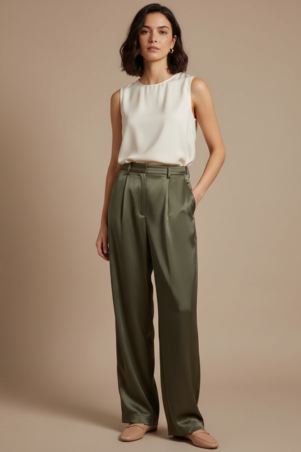 Pantalon À Pince Satiné Vert Kaki Ample Fluide Élégant