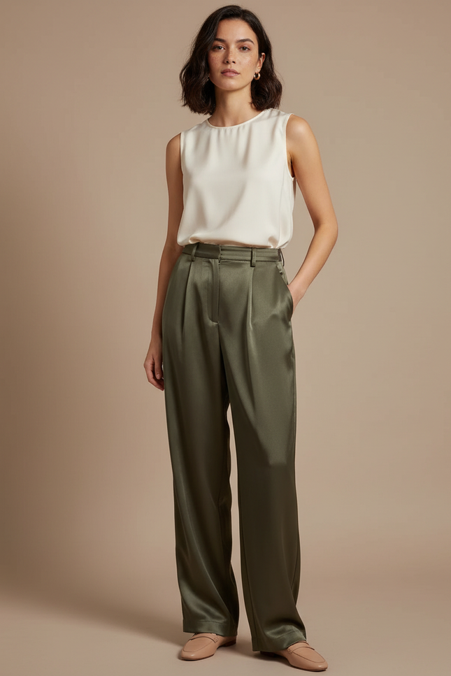 Pantalon À Pince Satiné Vert Kaki Ample Fluide Élégant