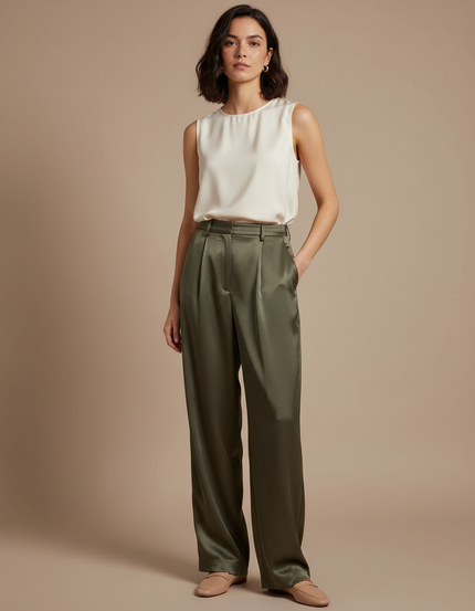 Pantalon À Pince Satiné Vert Kaki Ample Fluide Élégant