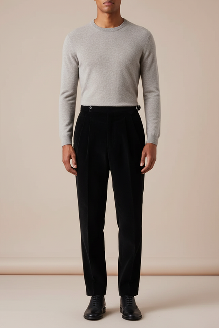Pantalon À Pince Noir Velours Côtelé Plissé Élégant Homme - Cordé