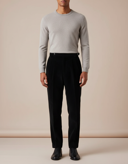 Pantalon À Pince Noir Velours Côtelé Plissé Élégant Homme - Cordé