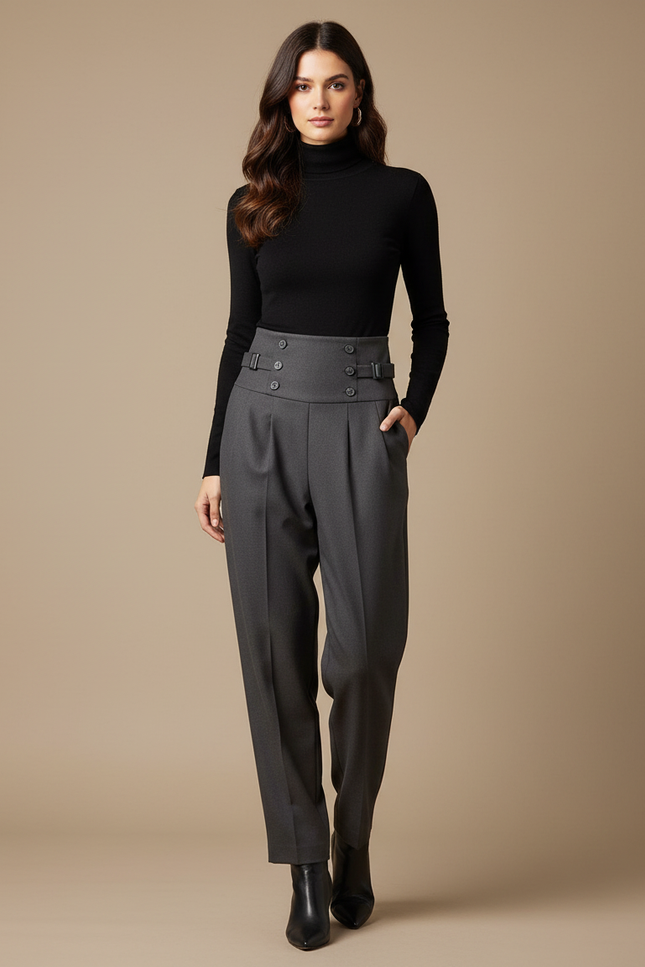 Pantalon À Pince Gris Foncé Taille Haute Plissé Elégant - Laine