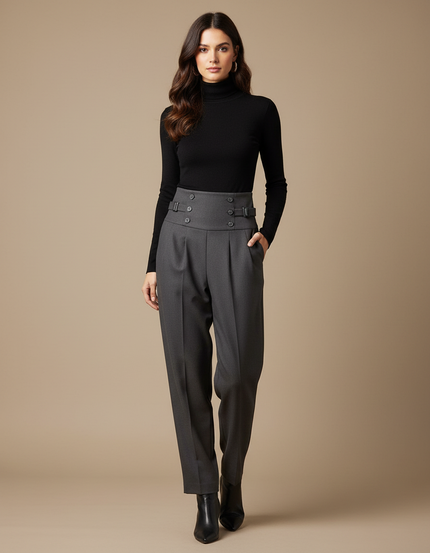 Pantalon À Pince Gris Foncé Taille Haute Plissé Elégant - Laine