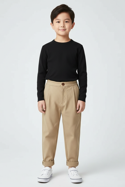 Pantalon À Pince Kaki Plissé Décontracté Enfant Coton