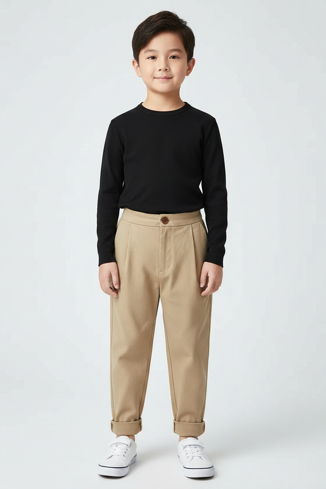 Pantalon À Pince Kaki Plissé Décontracté Enfant Coton