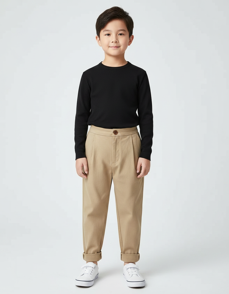 Pantalon À Pince Kaki Plissé Décontracté Enfant Coton