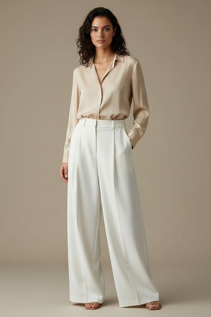 Pantalon À Pince Blanc Écru Taille Haute Ample Fluide - Polyester