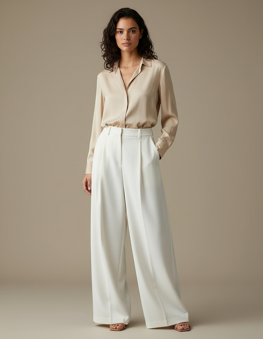 Pantalon À Pince Blanc Écru Taille Haute Ample Fluide - Polyester