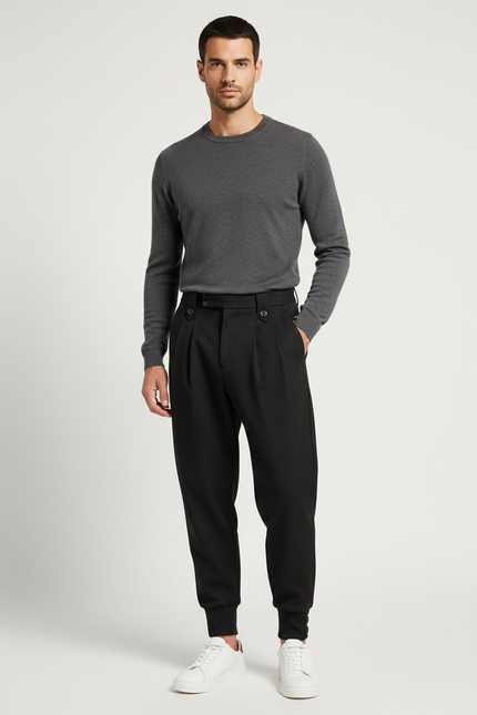 Pantalon À Pince Noir Plissé Élégant Décontracté Homme - Gabardine