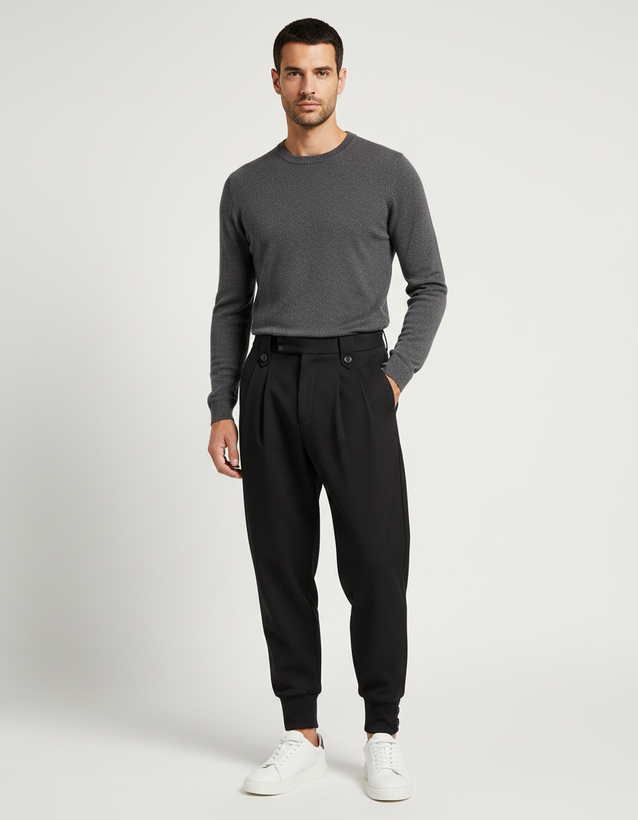 Pantalon À Pince Noir Plissé Élégant Décontracté Homme - Gabardine