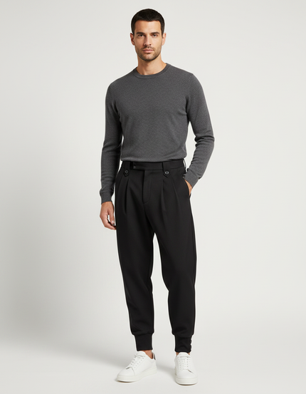 Pantalon À Pince Noir Plissé Élégant Décontracté Homme - Gabardine