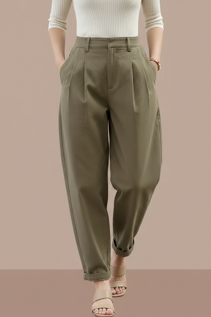 Pantalon À Pince Kaki Plissé Harem Décontracté Femme - Toile