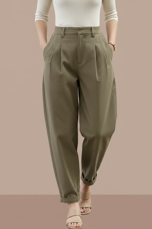 Pantalon À Pince Kaki Plissé Harem Décontracté Femme - Toile