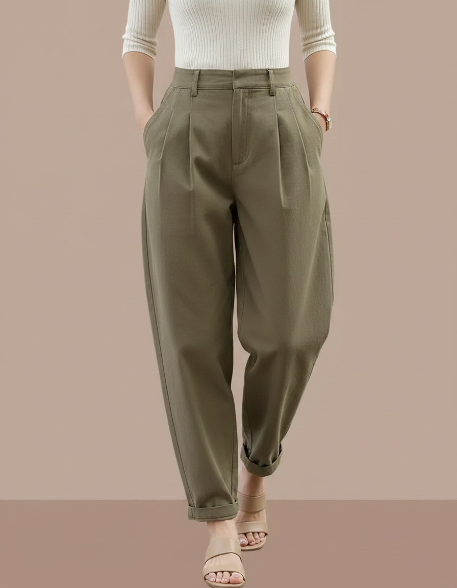 Pantalon À Pince Kaki Plissé Harem Décontracté Femme - Toile