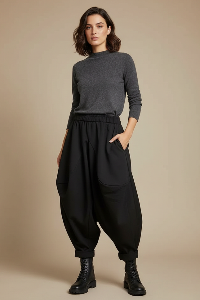 Pantalon À Pince Noir Ample Décontracté Harem Femme - Polyester