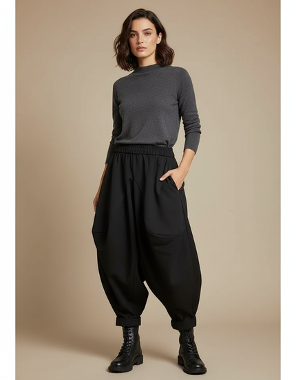 Pantalon À Pince Noir Ample Décontracté Harem Femme - Polyester