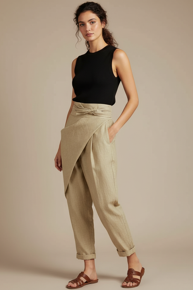 Pantalon À Pince Beige Décontracté Drapé Femme Fluide - Lin