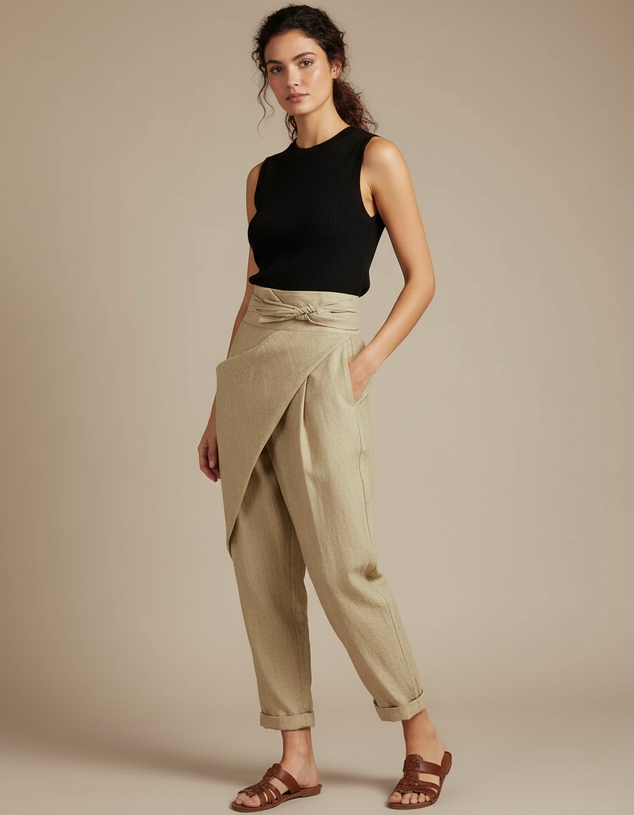 Pantalon À Pince Beige Décontracté Drapé Femme Fluide - Lin
