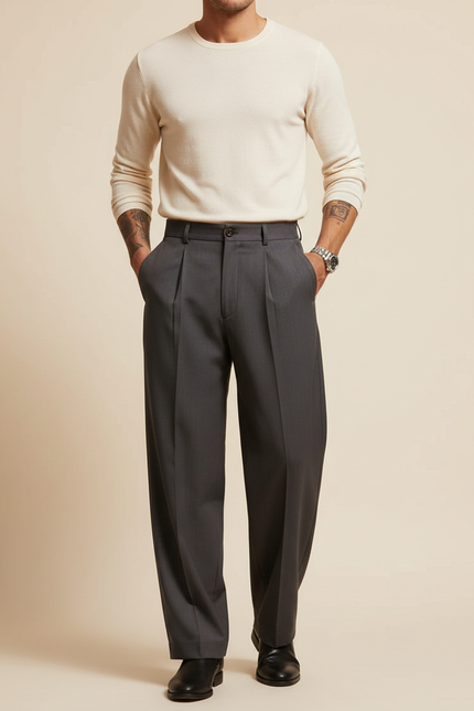 Pantalon À Pince Gris Foncé Plissé Ample Élégant Homme - Gabardine