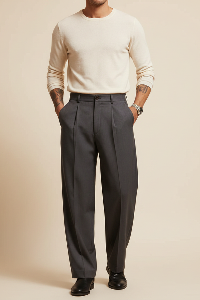 Pantalon À Pince Gris Foncé Plissé Ample Élégant Homme - Gabardine