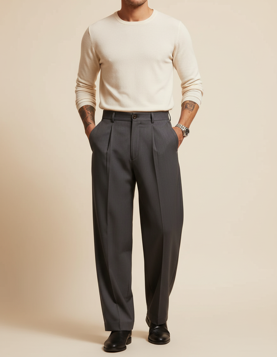 Pantalon À Pince Gris Foncé Plissé Ample Élégant Homme - Gabardine