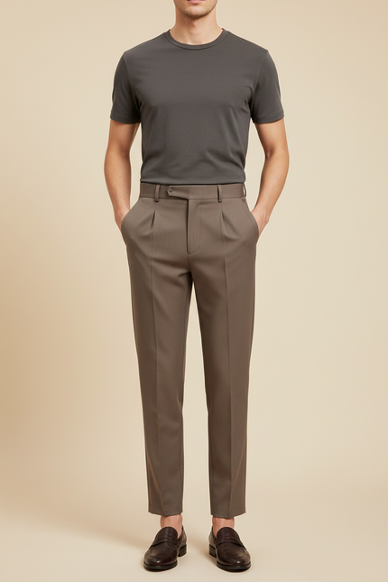 Pantalon À Pince Marron Plissé Slim Business Homme - Gabardine