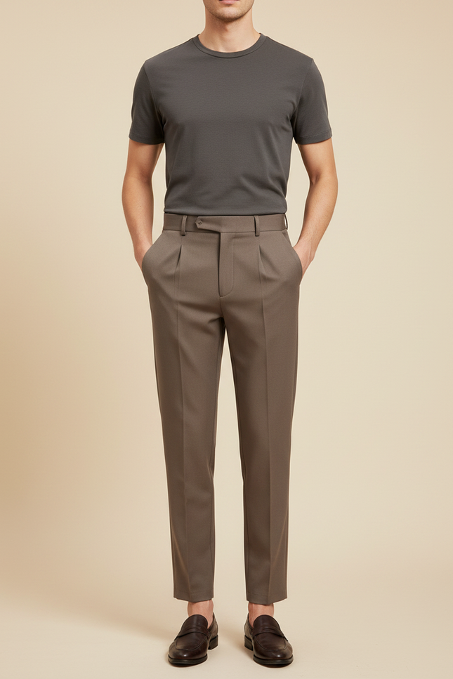 Pantalon À Pince Marron Plissé Slim Business Homme - Gabardine