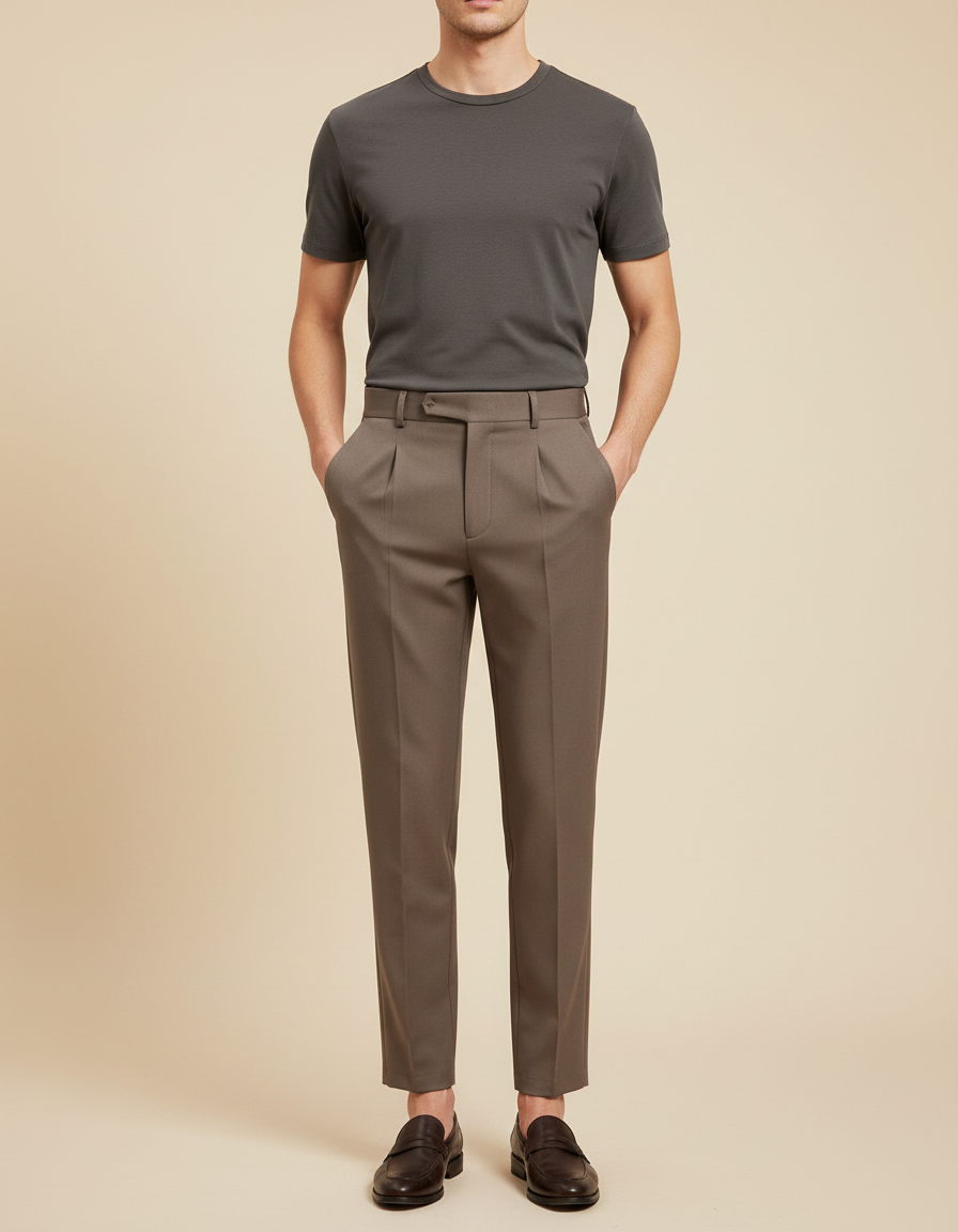 Pantalon À Pince Marron Plissé Slim Business Homme - Gabardine