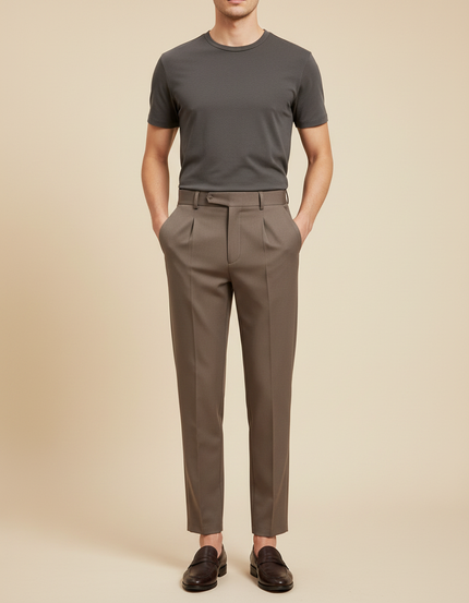 Pantalon À Pince Marron Plissé Slim Business Homme - Gabardine