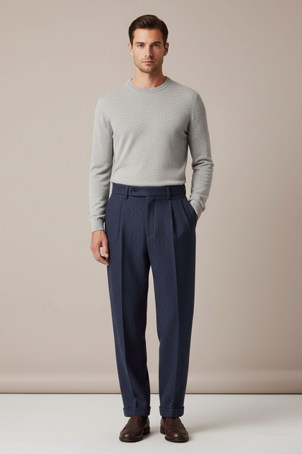 Pantalon À Pince Bleu Marine Laine Drapé Plissé Droit